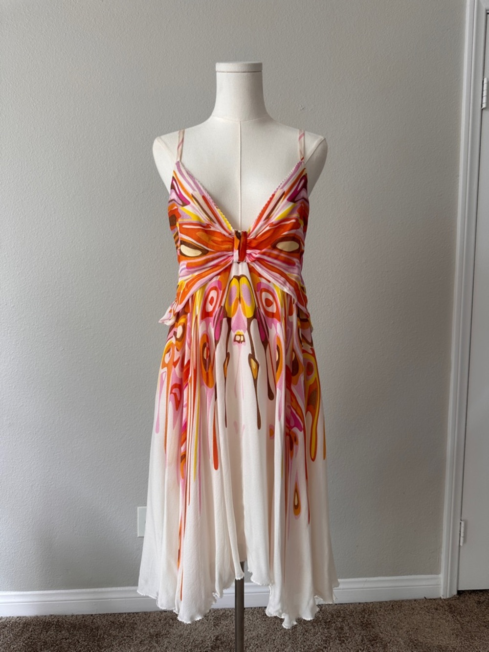 Byblos White Silk Midi Dress with Pink and Orange Butterfly Print